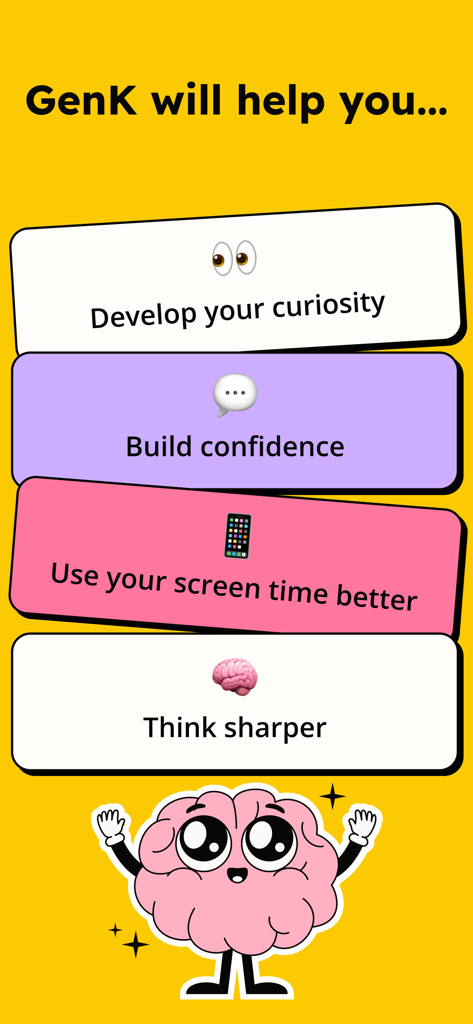 GenK app screen listing key benefits like developing curiosity building confidence improving screen time and thinking sharper