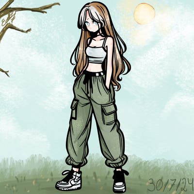 girl in baggy pants crop top and long hair