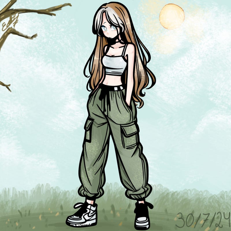 girl in baggy pants crop top and long hair