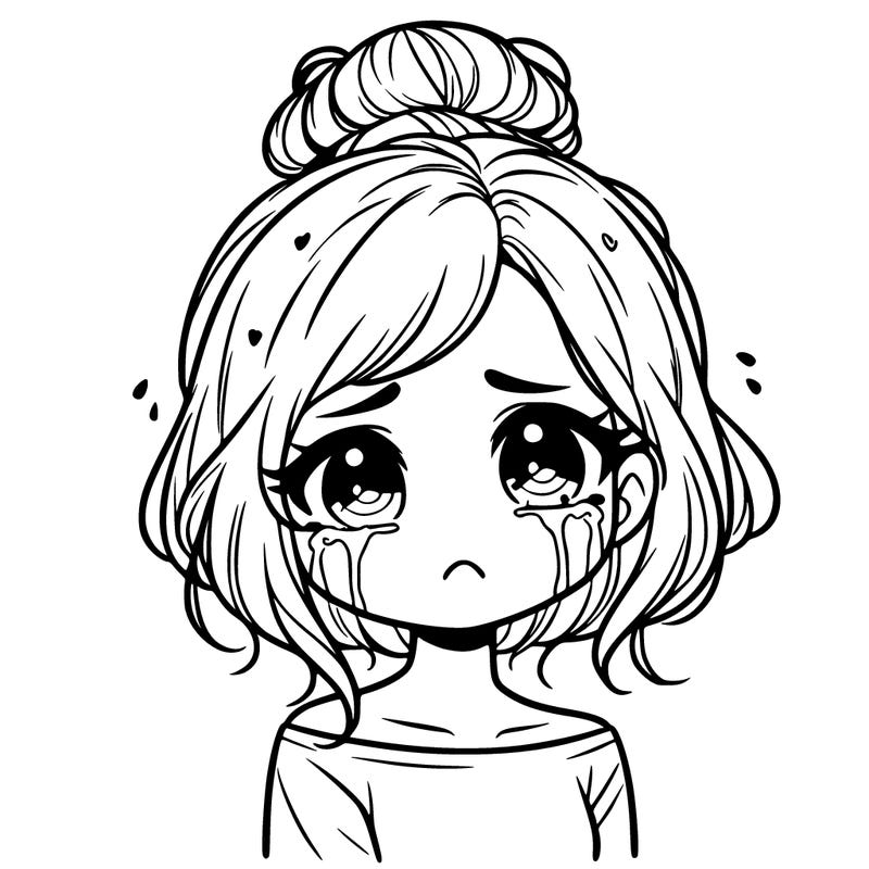 a beautiful crying girl with short hair in a tiny messy bun and looks emotionless