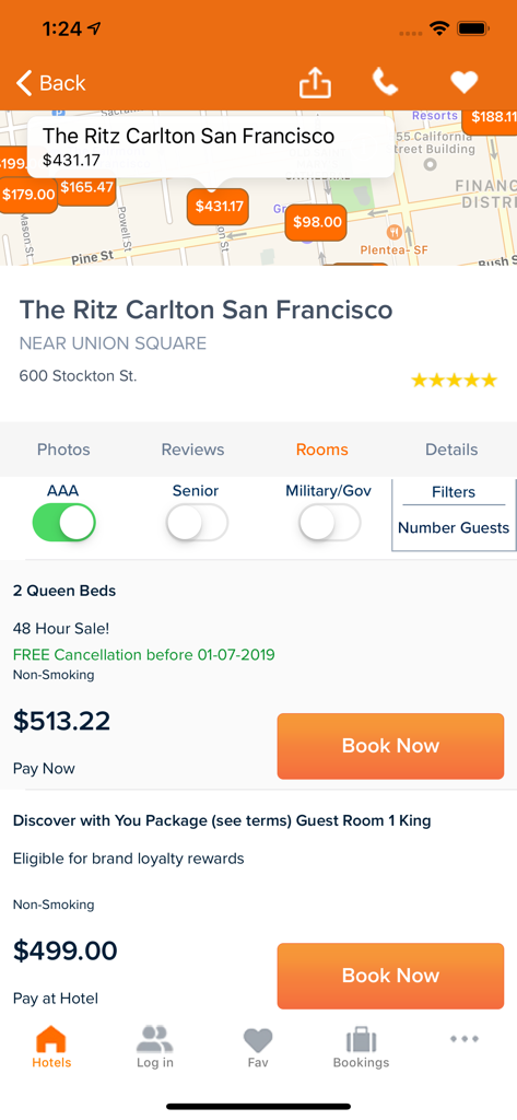 Hotel Planner - Tonight Deals - 호텔 플래너 앱에서 샌프란시스코 리츠 칼튼 호텔의 호텔 요금 및 AAA 할인 옵션 표시