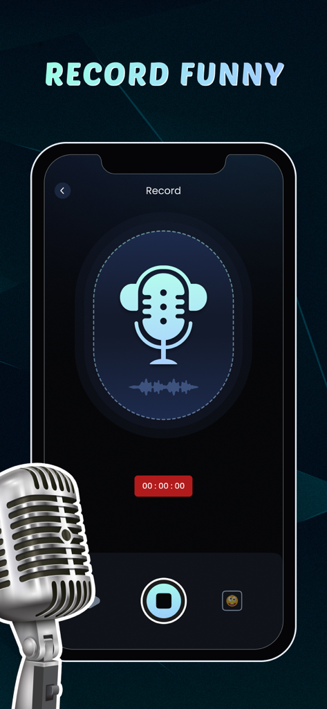 AI Voice Changer Funny Effects - AI Voice Changer app record screen with microphone icon and recording timer
