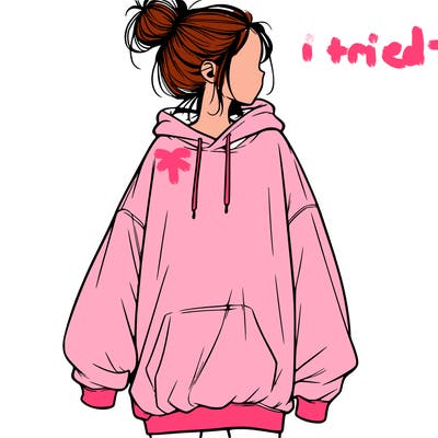 realistic girl with a oversized sweatshirt on and a bun