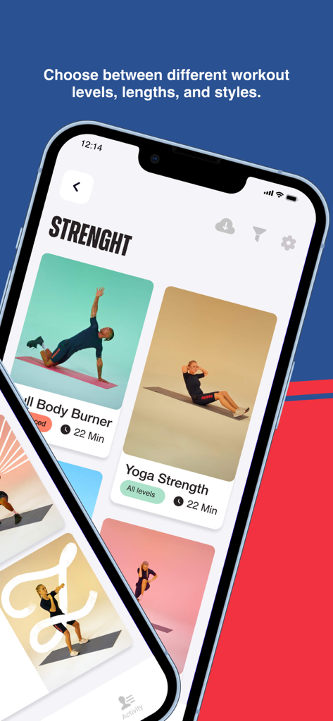 PEPPER: Home EMS Training - Pepper App zeigt verschiedene EMS-Krafttrainings-Workout-Optionen an, darunter Yoga und Ganzkörper-Burner.