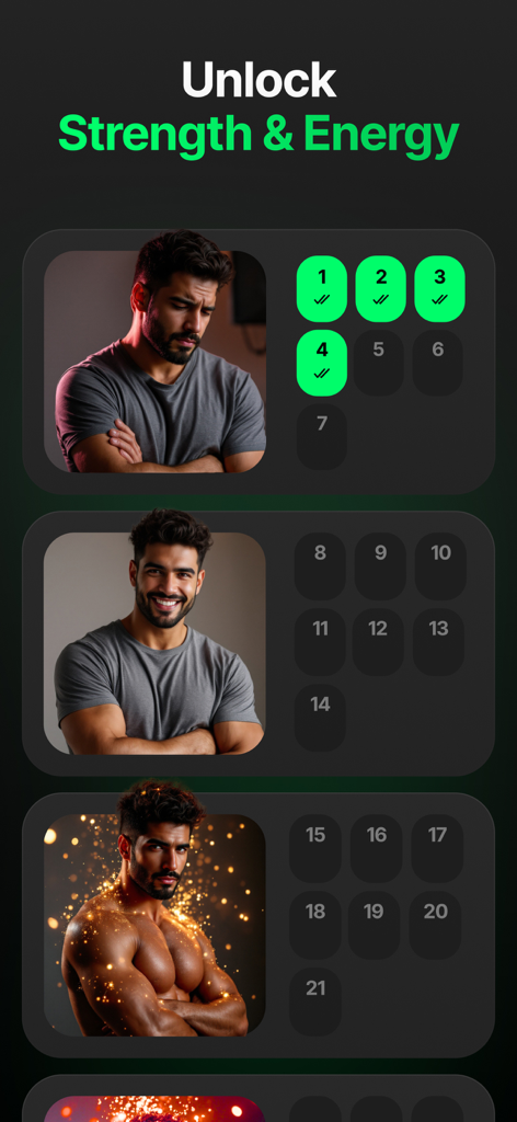 KegelUp: Kegel Trainer for Men - Oberfläche der KegelUp-App, die eine mehrtägige Trainingsfortschrittsanzeige mit Bildern von Fitness-Transformationen von Männern zeigt