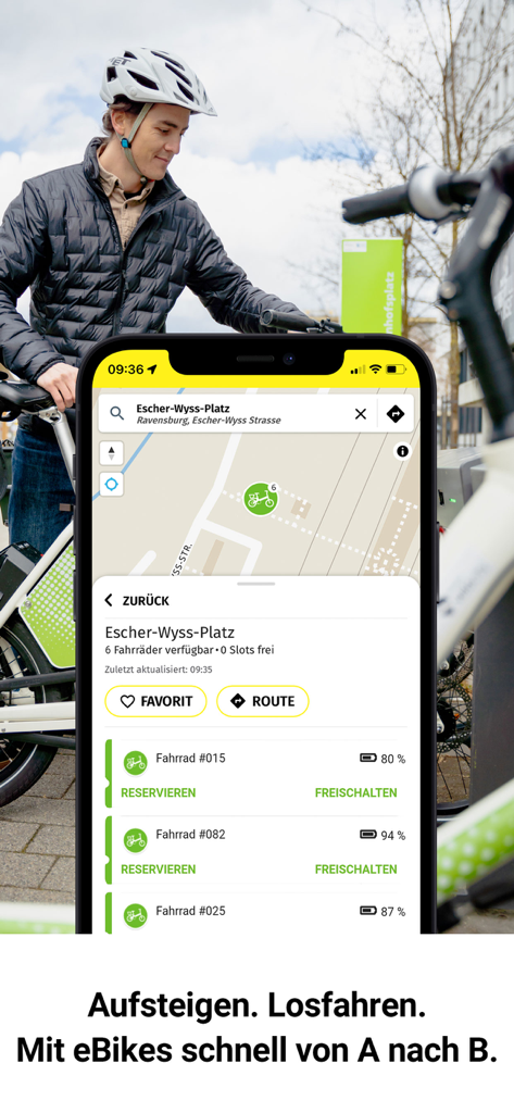 tws.mobil - tws.mobilアプリが地図上にE-Bikeレンタル場所とバッテリー残量を表示。