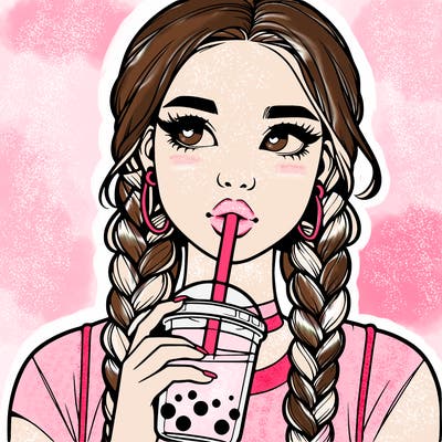 realistic girl with braided hair drinking boba