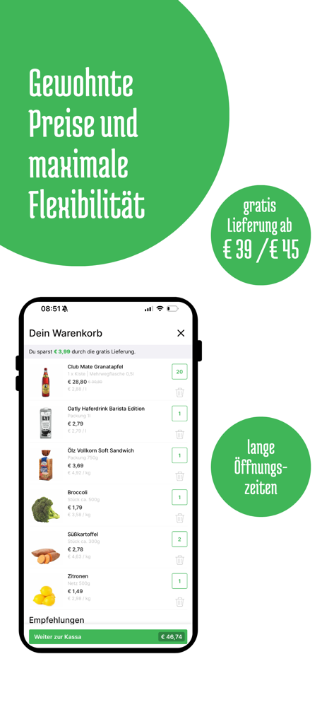 Alfies - Alfies Lebensmittel-Liefer-App-Einkaufswagen mit einer Vielzahl von Artikeln, darunter Obst, Gemüse und Getränke mit Preisangaben