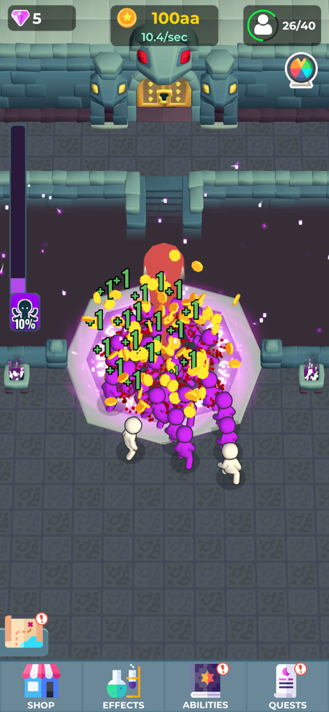 Tentacular Worship - A screenshot of Tentacular Worship game showing purple followers being sacrificed at a central altar to earn coins in a dungeon setting.