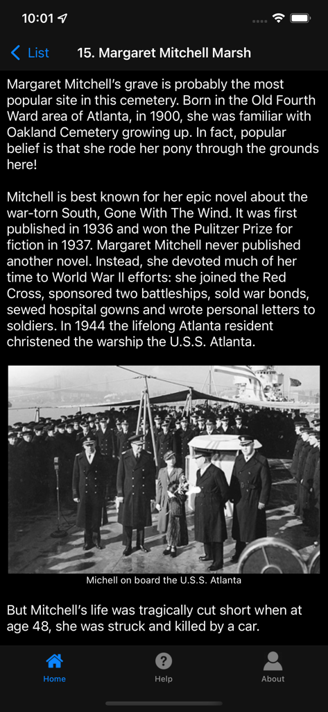Atlanta's Oakland Cemetery - App interface displaying a biography of Margaret Mitchell with a historical black and white photo on the USS Atlanta