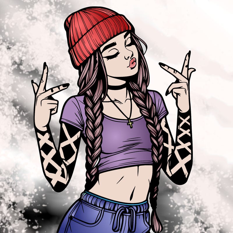 realistic teenage girl with braids and a beanie and crop top doing 🫶🏼