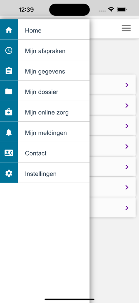 Side navigation menu of the Mijn Ommelander patient portal app showing options for appointments medical files and personal data