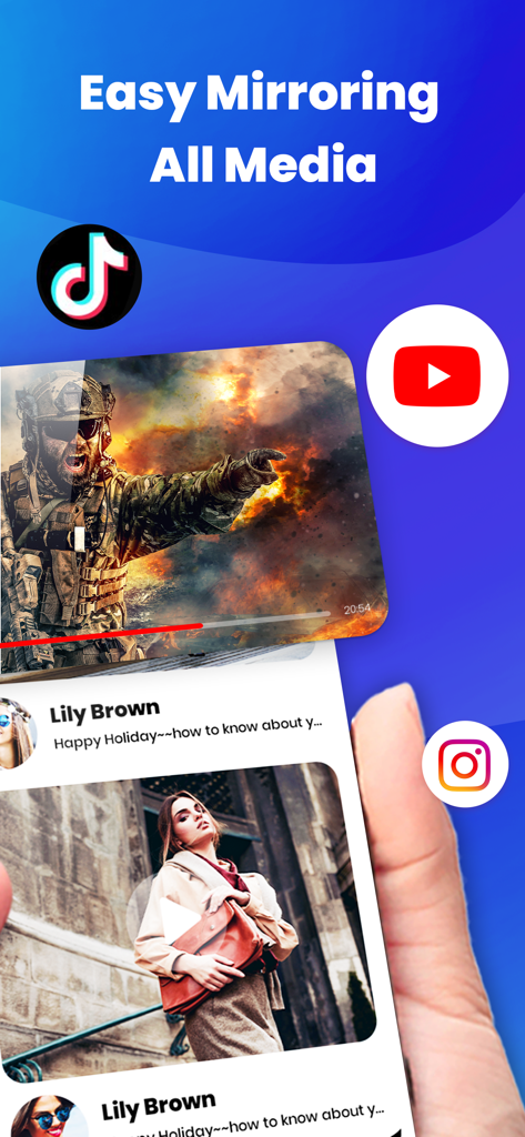 Screen Mirroring Smart View - Tela do iPhone exibindo ícones de mídia social e conteúdo de vídeo para espelhamento de mídia fácil