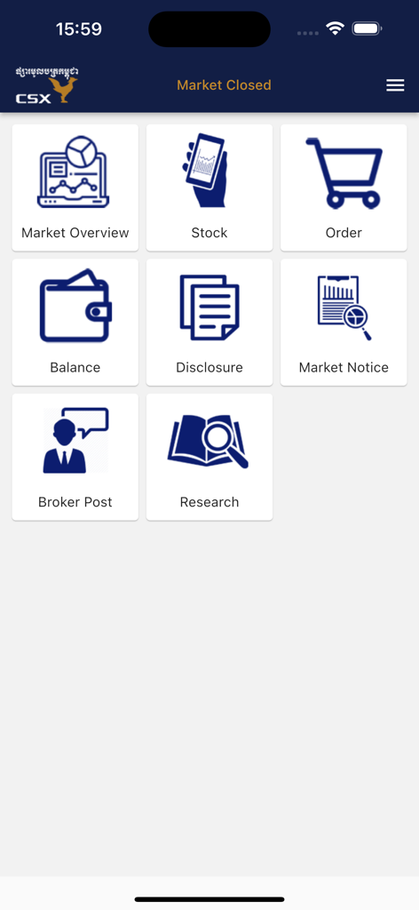 Schermata del menu principale dell'app mobile CSX Trade con icone per panoramica di mercato, trading di azioni, consultazione del saldo e ricerca di mercato