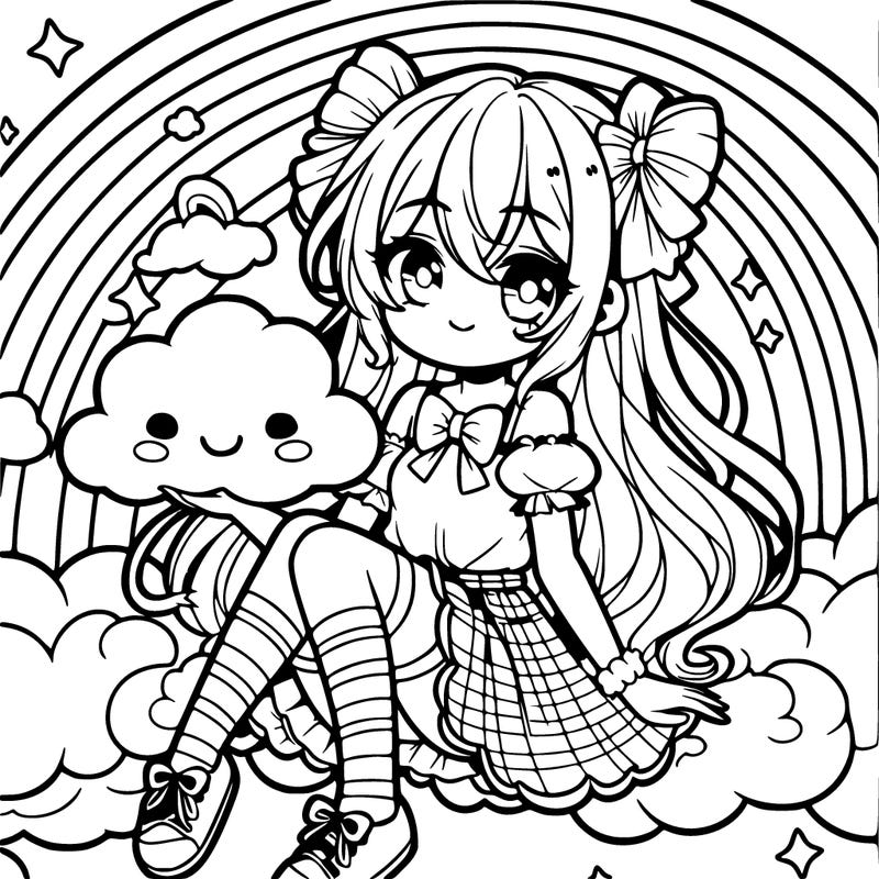 anime girl sitting on a rainbow holding a cloud