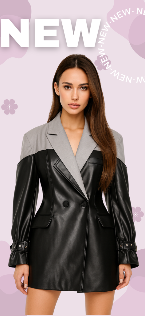 A young woman wearing a trendy black and grey two-tone leather jacket from the new arrivals collection.