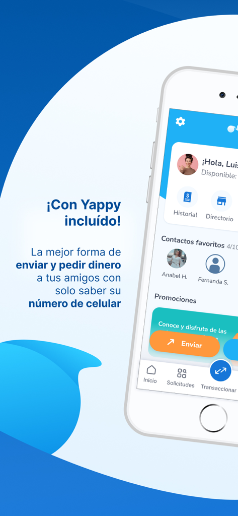 Banco General, S.A. - Pantalla de la aplicación Banco General que muestra la función de transferencia de dinero P2P de Yappy para enviar y solicitar dinero usando un número de teléfono.