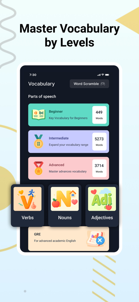 IPA Chart English & Phonetics - English vocabulary learning screen categorized by beginner intermediate and advanced levels with word counts