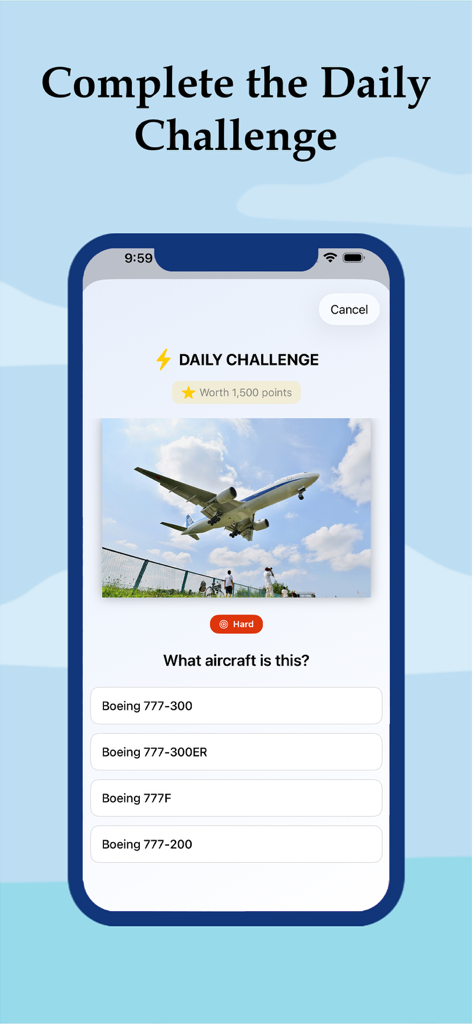 SkySpotter - Daily aircraft identification challenge screen on the SkySpotter app showing a Boeing plane quiz