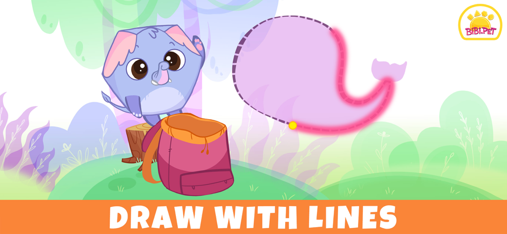 Bibi Jungle: Game for Toddlers - Ein Lernspielbildschirm für Kleinkinder, auf dem ein Kind einer gepunkteten Linie folgt, um eine Form neben einem niedlichen blauen Tiercharakter zu vervollständigen.