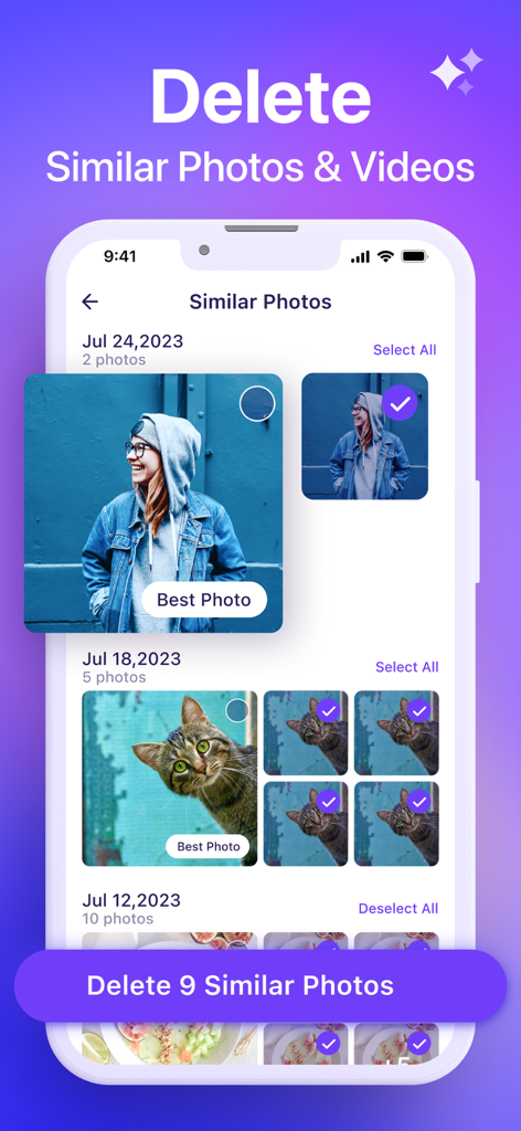Interface do aplicativo Space Cleaner mostrando a detecção de IA de fotos semelhantes e a opção de excluir duplicatas mantendo a melhor versão.