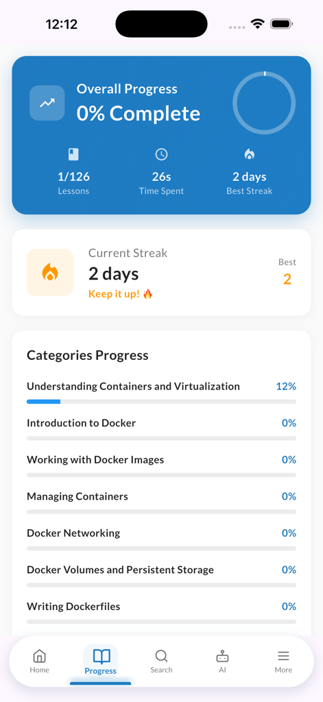 Dashboard dei progressi nell'app Learn Docker che mostra statistiche di completamento del corso e serie di apprendimento giornaliere.