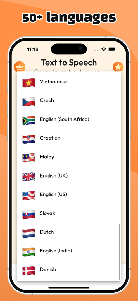 Text To Speech (TTS) - Text-to-Speech-App-Oberfläche mit einer Liste von über fünfzig unterstützten Sprachen mit Nationalflaggen