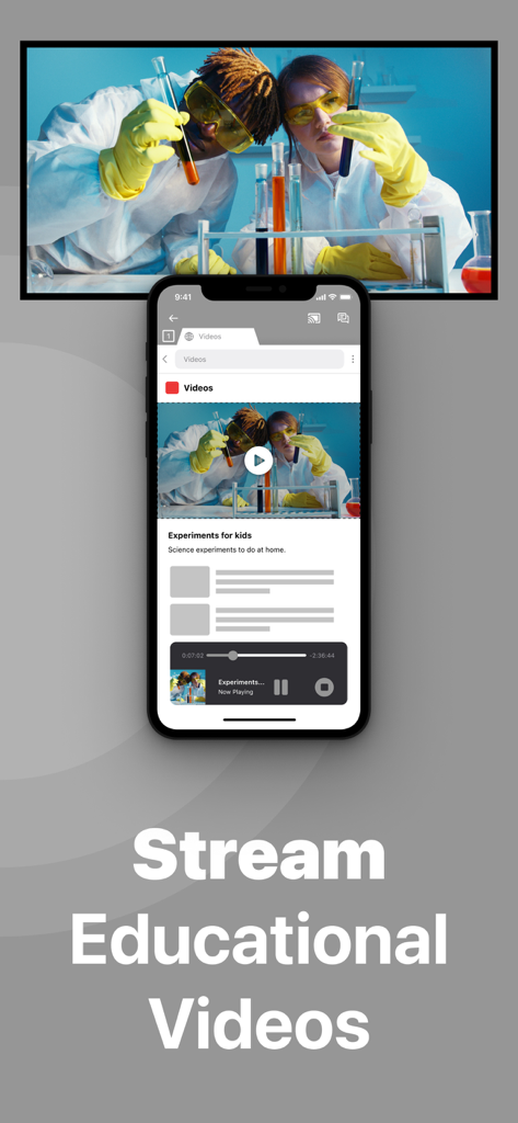 iPhone espelhando um vídeo educacional de ciência em uma tela de televisão