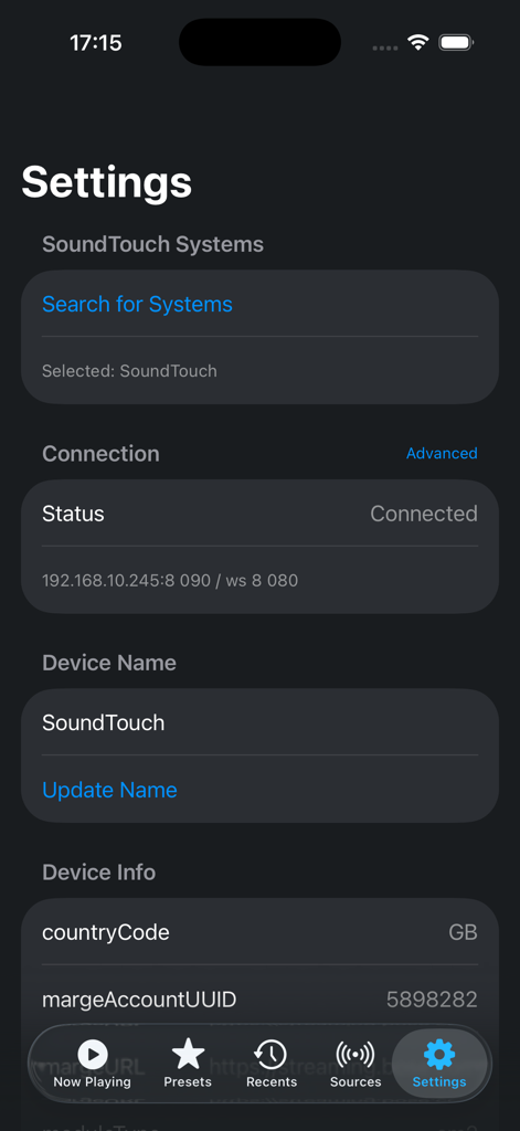Remote for SoundTouch - Pantalla de configuración de la aplicación Remote for SoundTouch que muestra el estado de la conexión del sistema y la información del dispositivo.