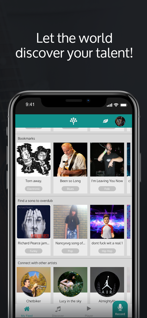 Songtree - Music Maker - Songtree app interface showing music discovery and social artist collaboration features
