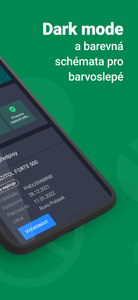 eRecept - Aplicación móvil eRecept mostrando interfaz en modo oscuro y accesible para daltónicos