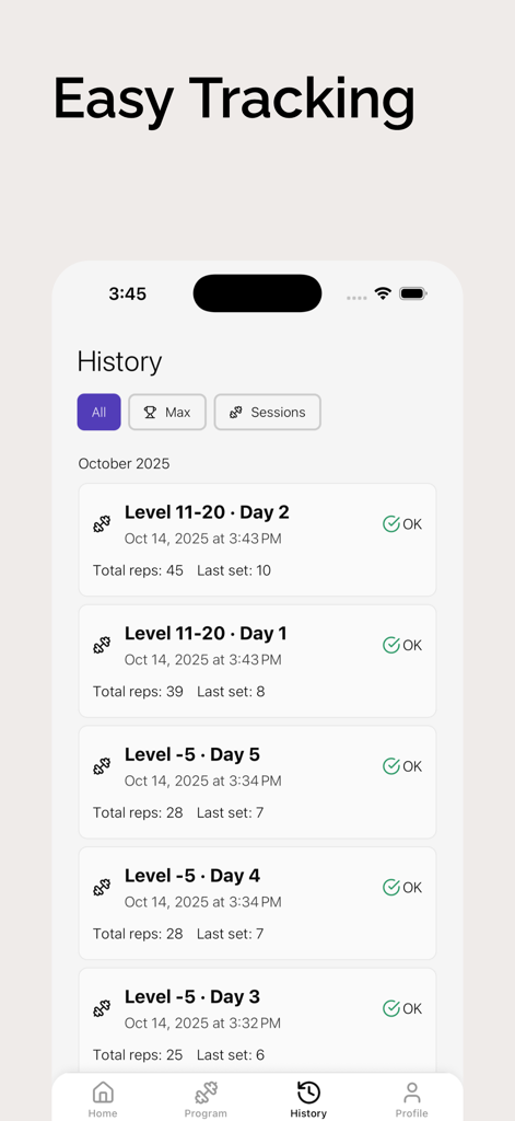 A mobile app screenshot of Daily Push showing the workout history screen with lists of completed push up sessions and total reps tracked.