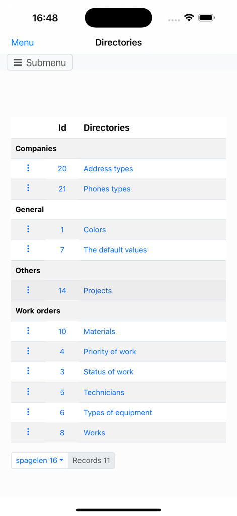 Nano Service Management - Directory settings menu in the Nano Service Management app listing work order categories such as materials technicians and equipment types