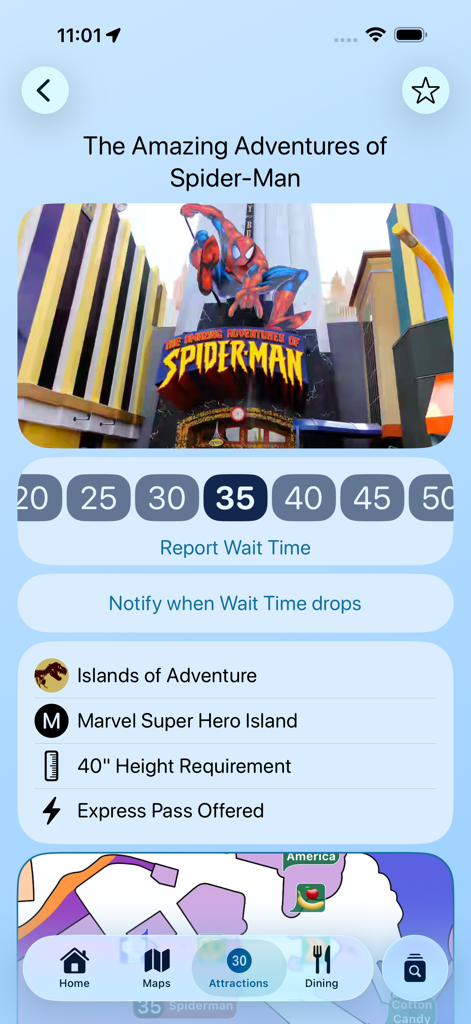 Magic Guide: Universal Orlando - Interfaz de la aplicación Magic Guide que muestra los tiempos de espera e información de la atracción para The Amazing Adventures of Spider-Man en Universal Orlando.