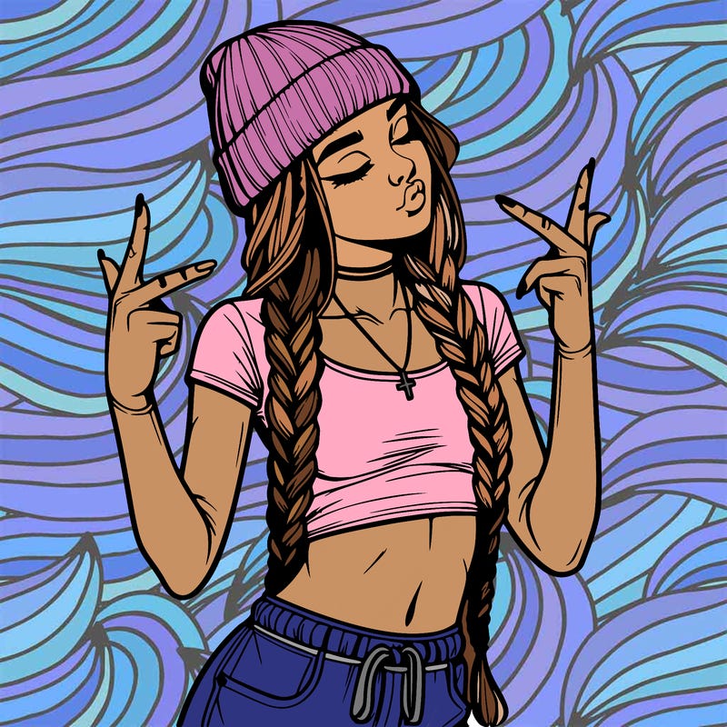 realistic teenage girl with braids and a beanie and crop top doing 🫶🏼