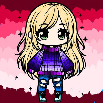 chibi girl with ripped jeans,long hair, and an oversized sweater