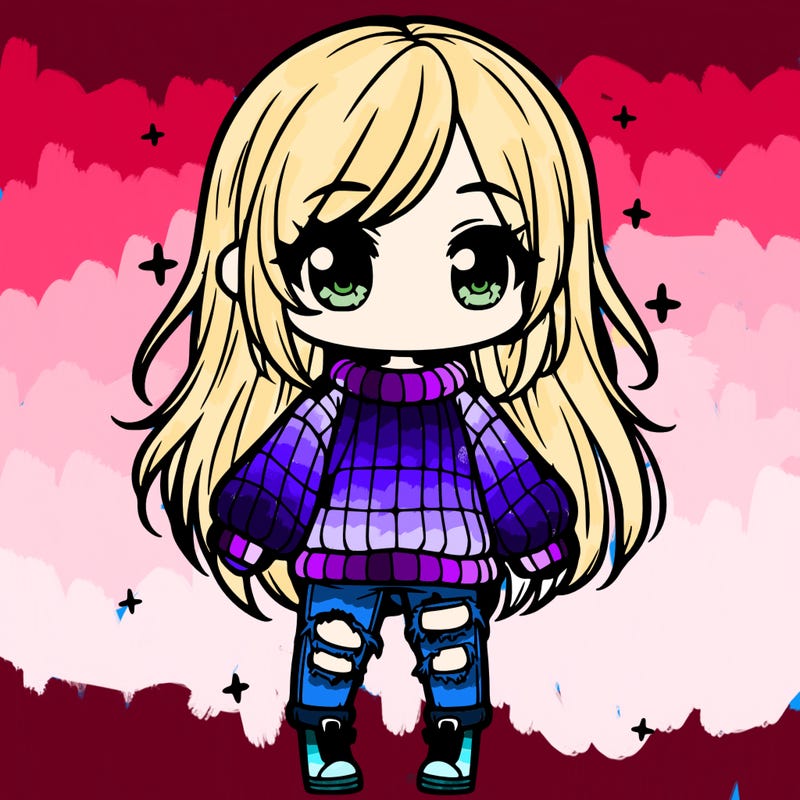 chibi girl with ripped jeans,long hair, and an oversized sweater