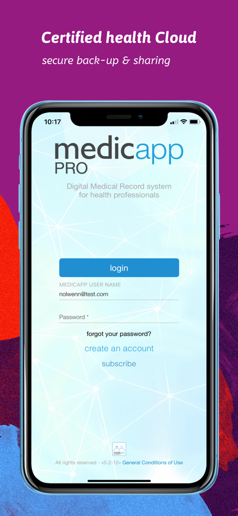 안전한 디지털 의료 기록 및 건강 클라우드 백업을 위한 Medicapp Pro 로그인 화면