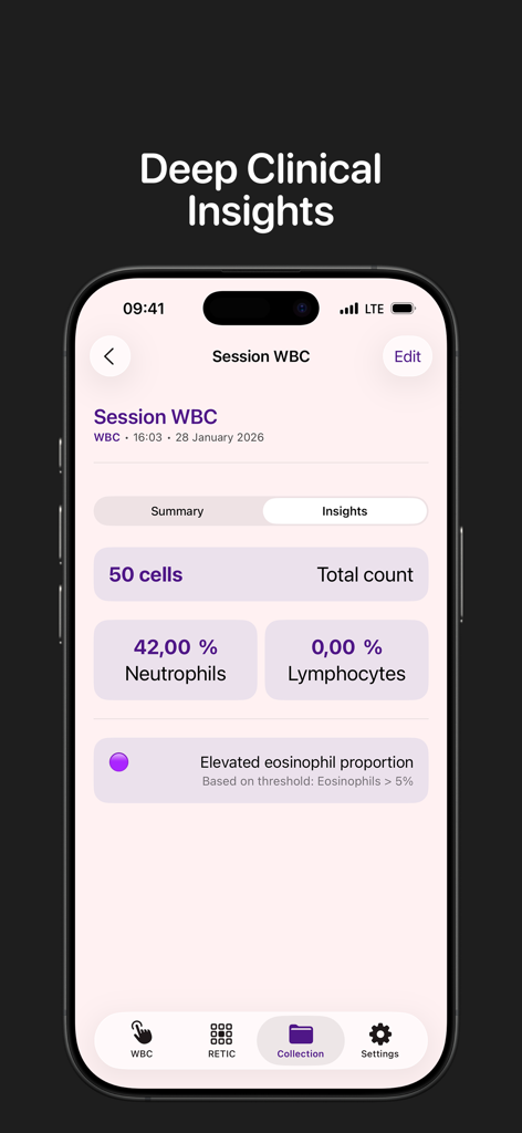 CliniCheck: WBC & Cell Counter - Interfaz de la aplicación CliniCheck que muestra información clínica para una sesión de recuento de glóbulos blancos con porcentajes de células y alertas de diagnóstico