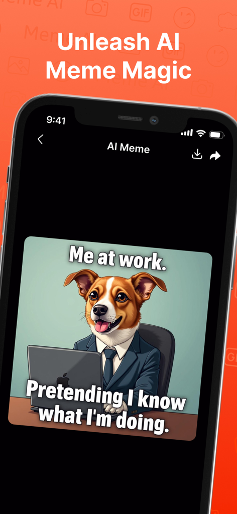 AIミームジェネレーターアプリのスマートフォンインターフェース。スーツを着た面白い犬のミームが特徴です。