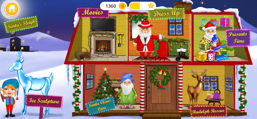 Sweet Olivia - Christmas 2 - Main menu screen of Sweet Olivia Christmas 2 game featuring Santa Claus and various holiday activity rooms