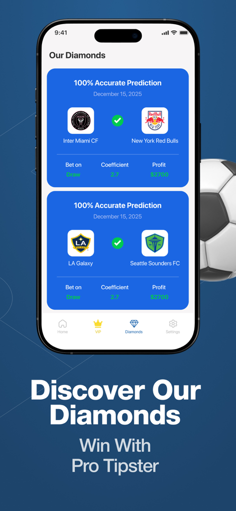 Écran de l'application mobile Pro Tipster affichant des prédictions et des coefficients de paris sportifs précis sur le football