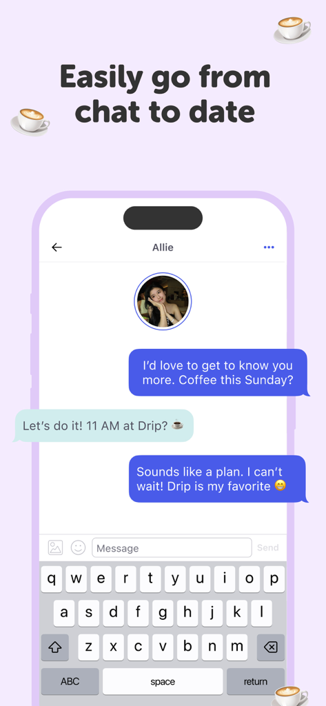 Coffee Meets Bagel: Dating App - Interfaz de chat de la aplicación Coffee Meets Bagel mostrando a dos usuarios planeando una cita.