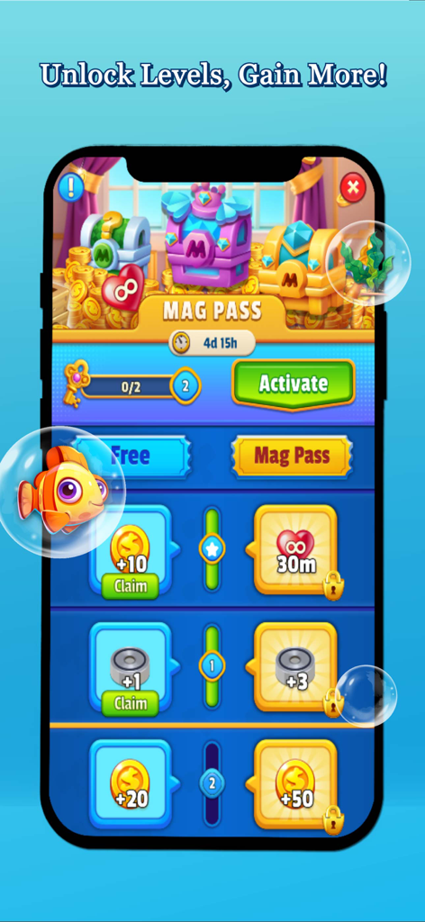 Screw Ocean: Match Revolution - Interfaz de recompensas del Pase Mágico de Screw Ocean Match Revolution