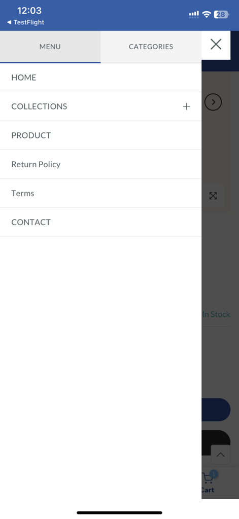 SH Shopping - SH Shopping app sidebar menu showing navigation links for collections and store policies