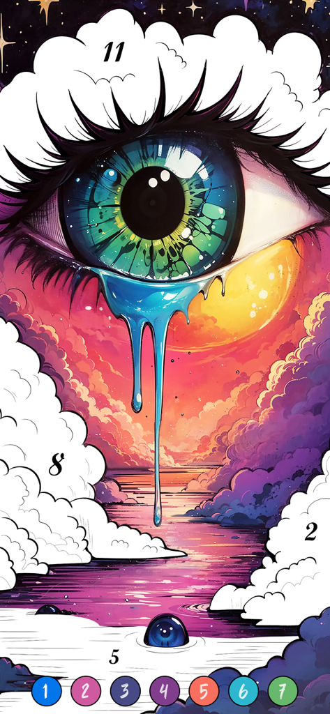 Une page à colorier numérique surréaliste d'un grand œil dégoulinant de liquide bleu sur un paysage de coucher de soleil avec des nuages et des numéros à colorier.