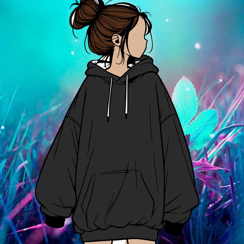 realistic girl with a oversized sweatshirt on and a bun