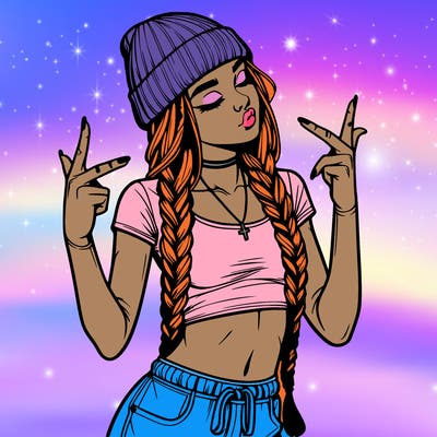 realistic teenage girl with braids and a beanie and crop top doing 🫶🏼