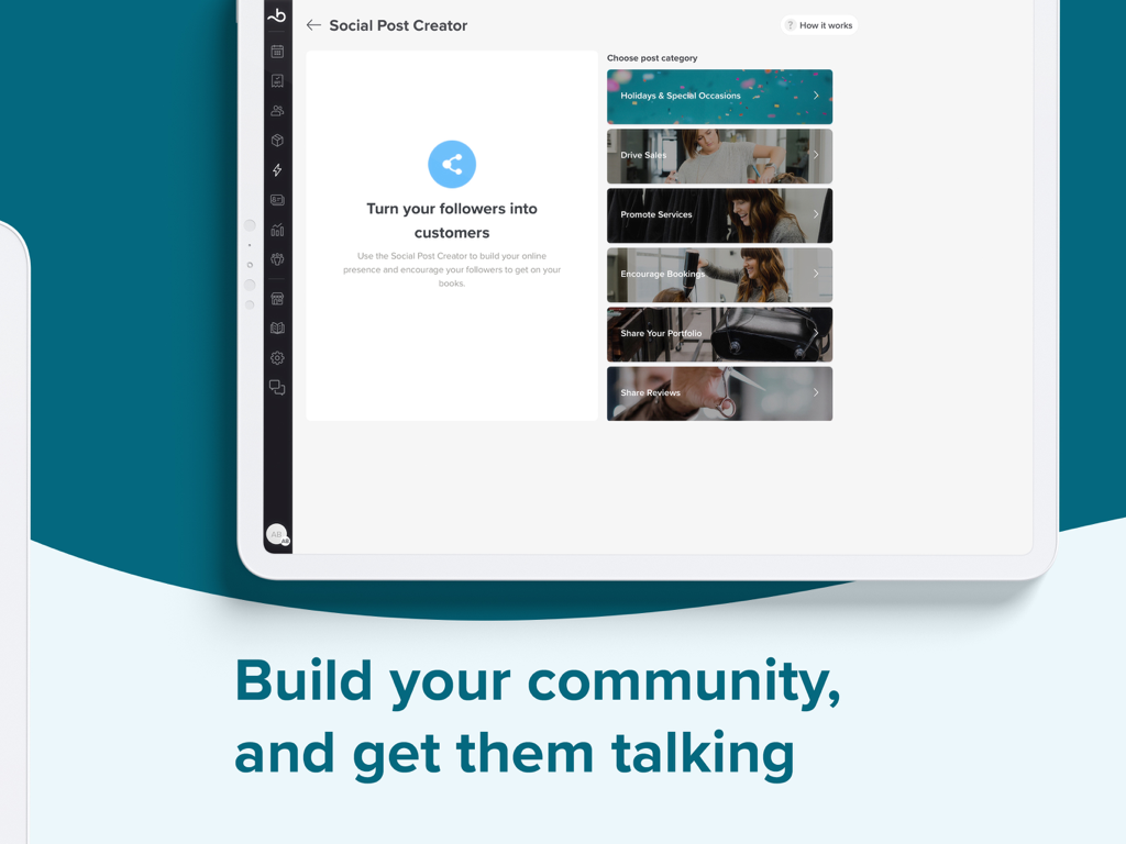 Booksy Biz Pro: Tablet App - Social post creator interface on Booksy Biz Pro tablet app showing categories to promote services and drive sales