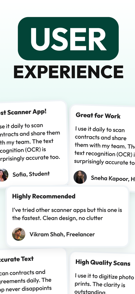 CamSCAN PDF・Document Scanner - Testimonianze e recensioni degli utenti per lo scanner PDF CamSCAN che evidenziano l'accuratezza e la velocità dell'OCR da parte di studenti e freelance
